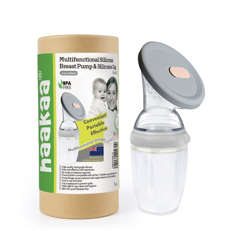 Haakaa Generation 3 250ml Silicone Breast Pump & Silicone Cap Set Grey.