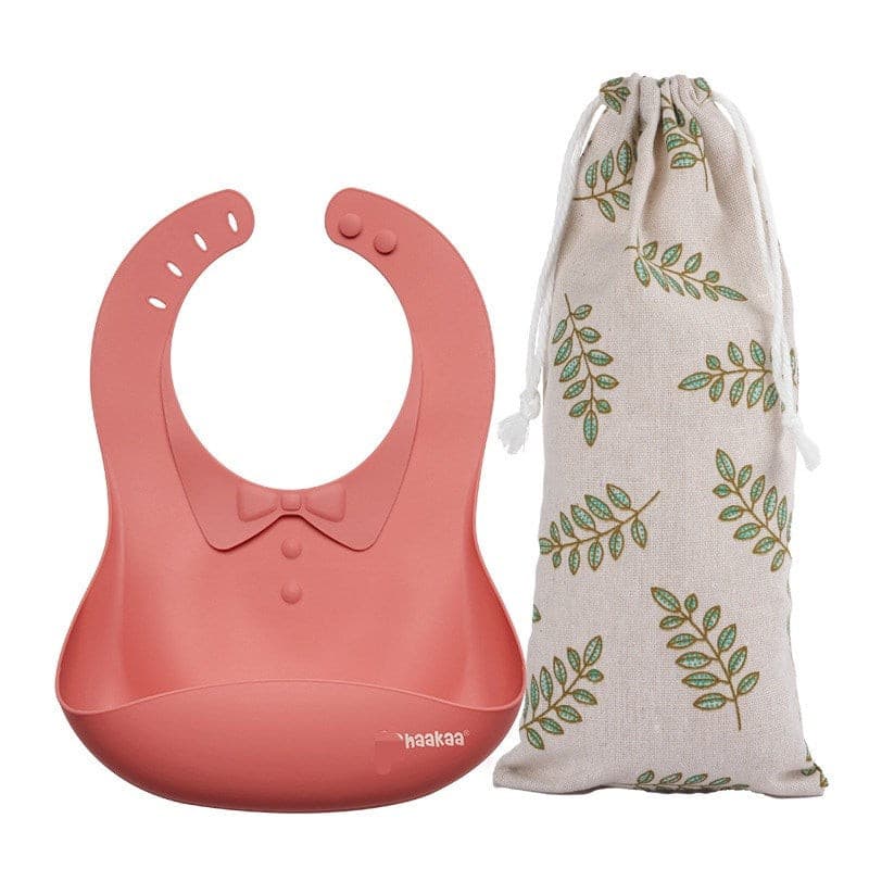 Haakaa Silicone Baby Bib-Red 1 x Cotton Storage Bag.