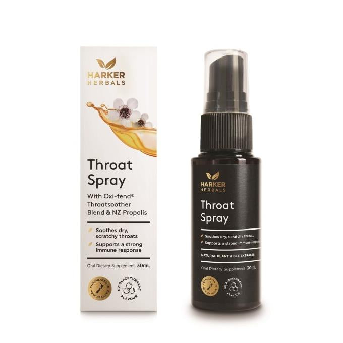 Harker Herbals Throat Spray - Fast-acting relief for throat inflammation, infection, and healing. Contains propolis, Manuka honey, and Oxifend Throatsoother Blend. Soothes sore throats and supports immune health.