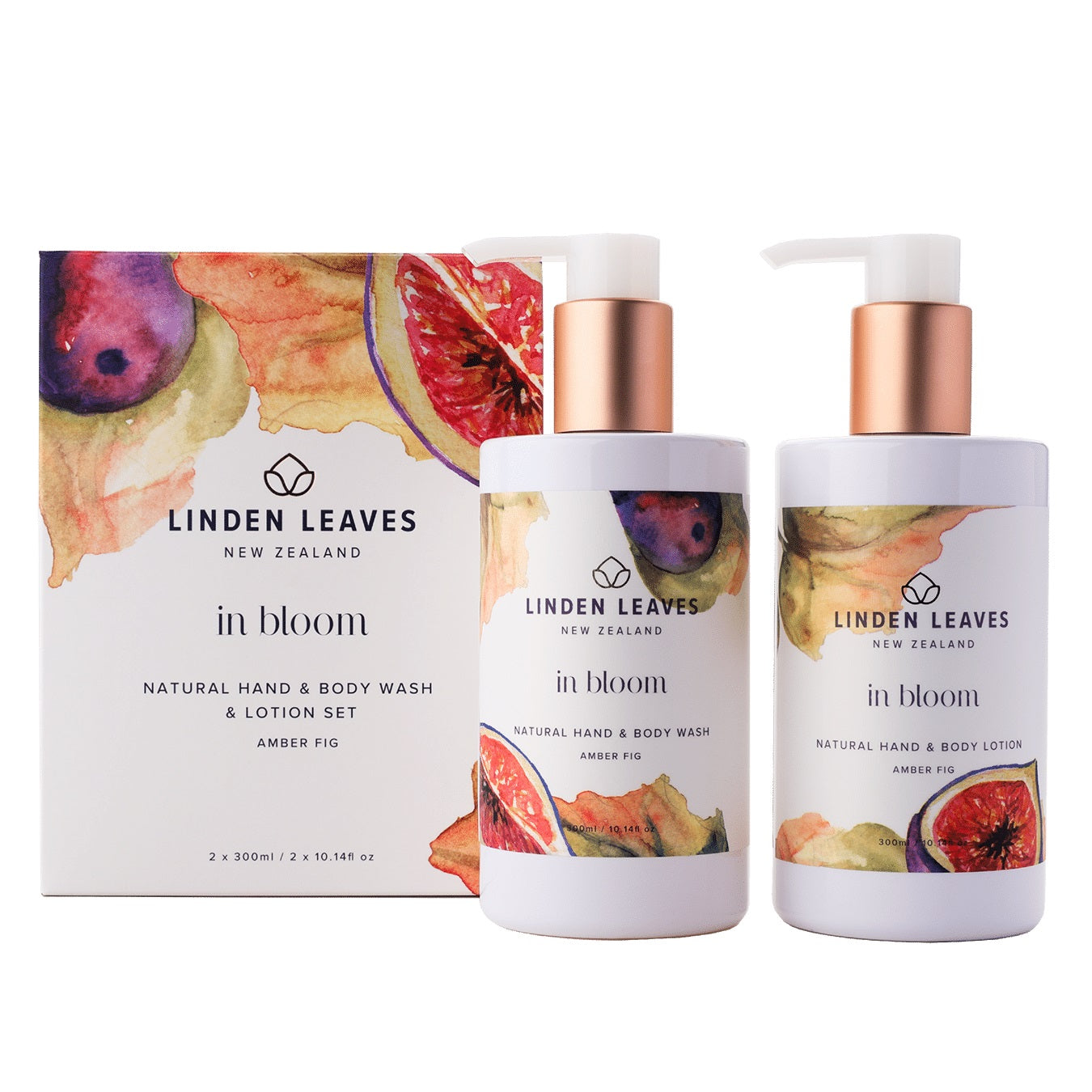 Linden Leaves Amber Fig Hand And Body Wash & Lotion Set.