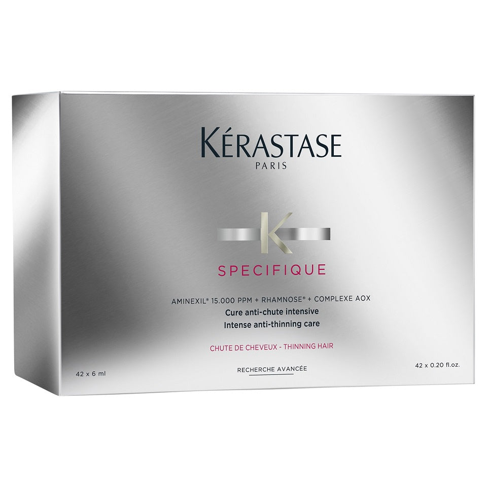 Experience the transformative power of Kerastase Specifique Aminexil Cure Anti-Chute, a conditioning and protective hair treatment specially formulated to address thinning hair and hair loss.