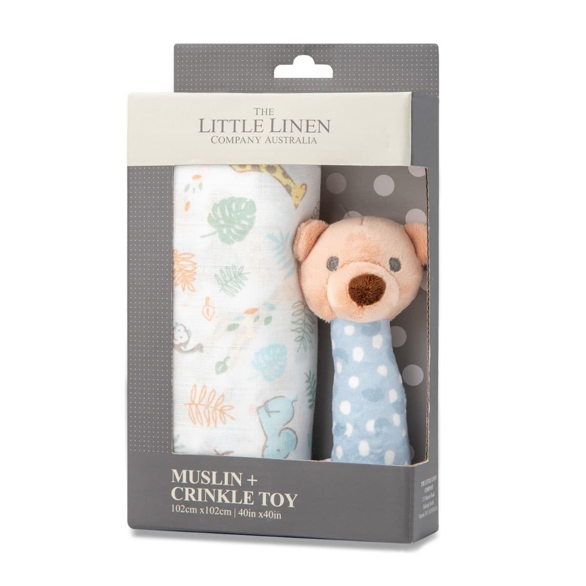 Little Linen Muslin Wrap & Crinkle Toy - Safari Bear.