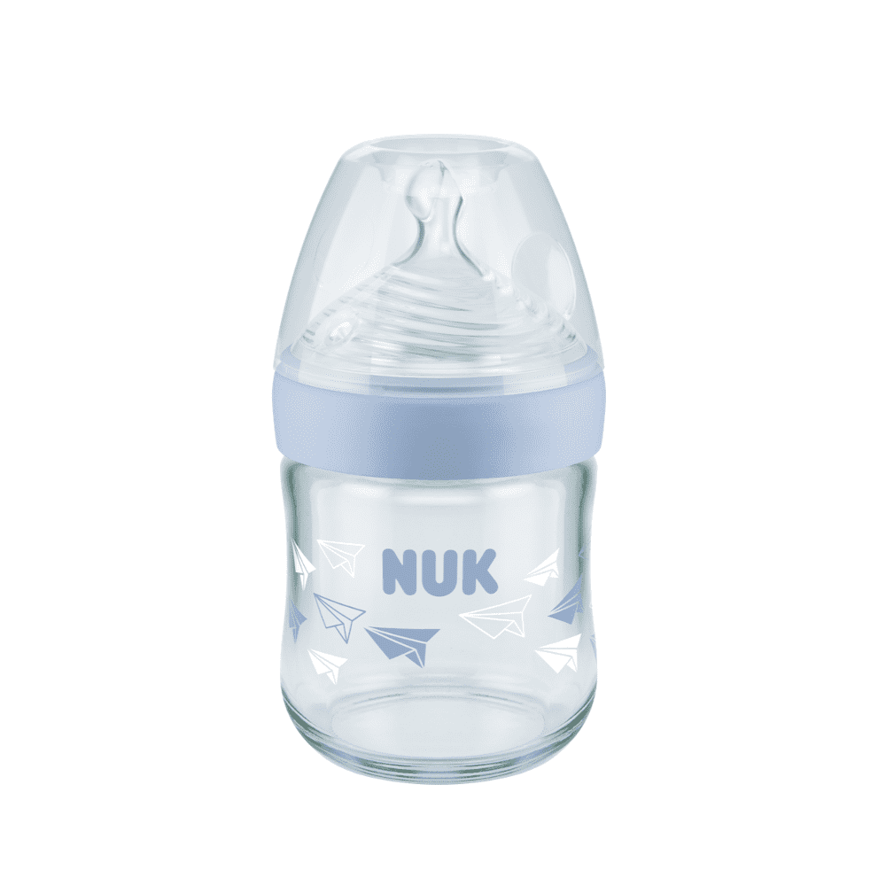 NUK Nature Sense Glass Bottle 120ml/ 0-6 Months 3-Hole Teat.