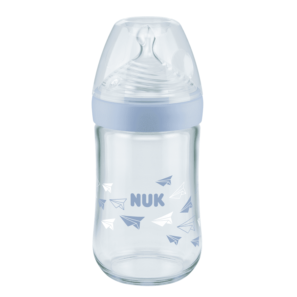 NUK Nature Sense Glass Bottle 240ml/ 0-6 Months 6-Hole Teat.