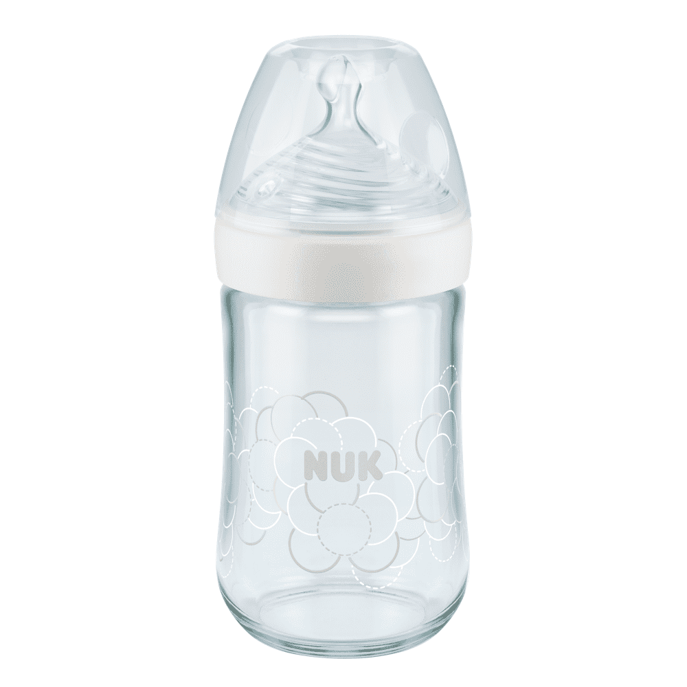 NUK Nature Sense Glass Bottle 240ml/ 0-6 Months 6-Hole Teat.