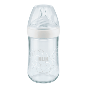 NUK Nature Sense Glass Bottle 240ml/ 0-6 Months 6-Hole Teat.