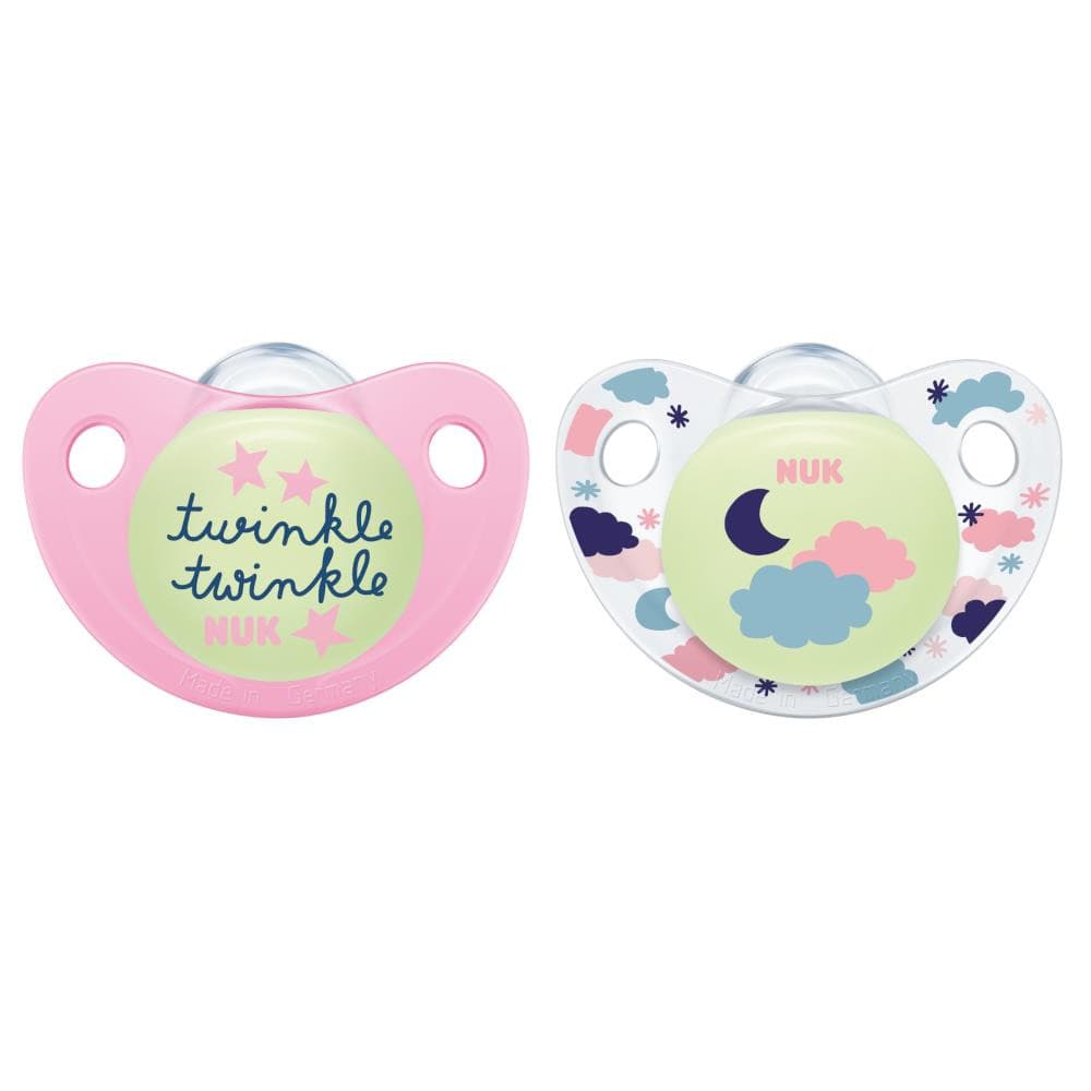 NUK Trendline Night  Soother Silicone 18-36 Months Twin Pack-Random Pattern.