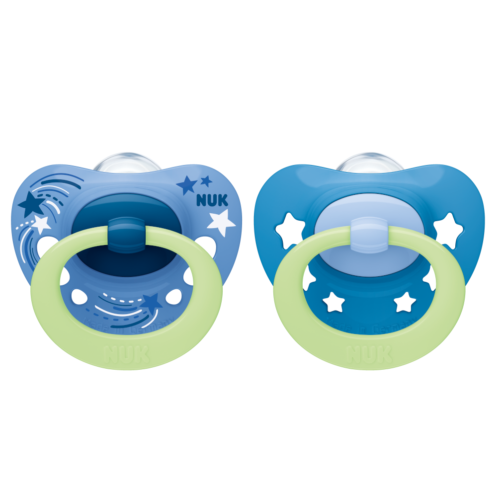 NUK Signature Night Soother Silicone 18-36 Months Twin Pack - Comforting pacifiers for older toddlers, promoting peaceful sleep and healthy oral development.