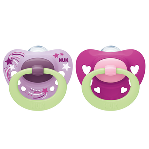 NUK Signature Night Soother Silicone 18-36 Months Twin Pack - Comforting pacifiers for older toddlers, promoting restful sleep and healthy oral development.