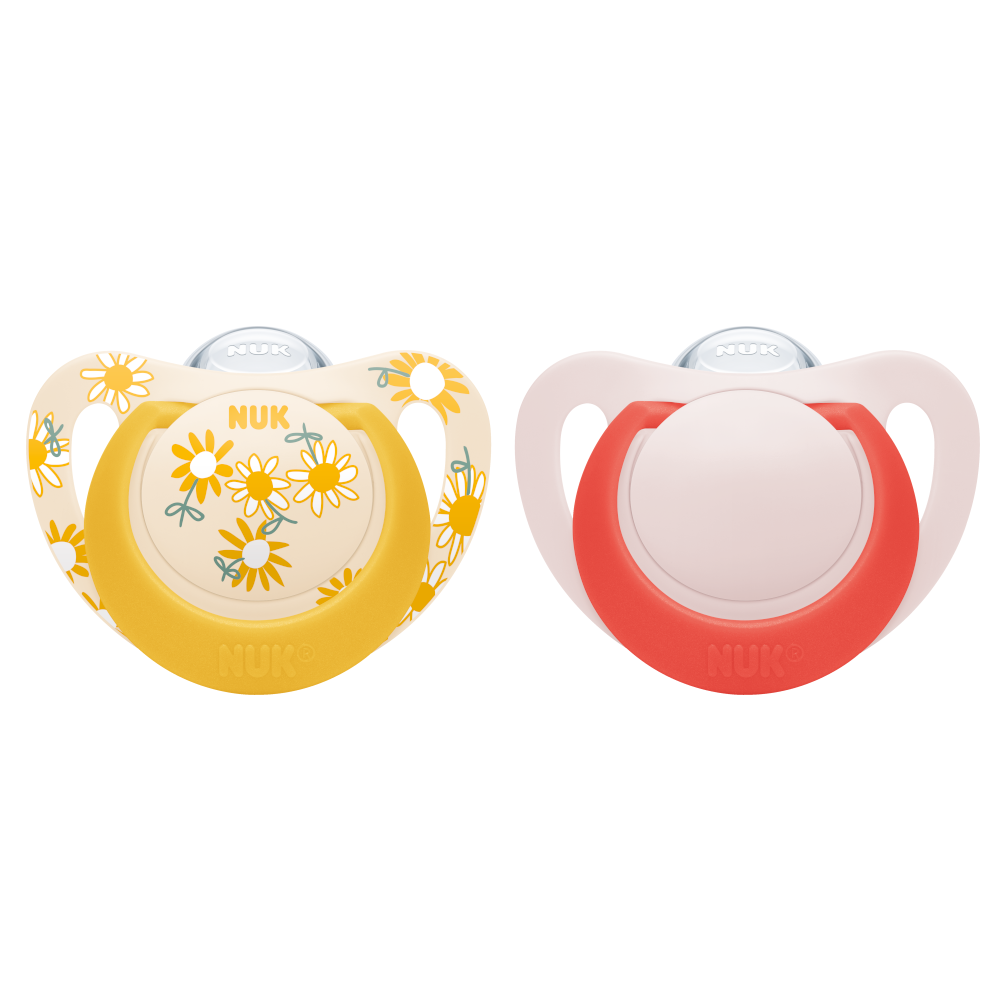 NUK Star Silicone Soother 6-18 Months Twin Pack - Comforting pacifiers for older infants, promoting healthy oral development and soothing relief.
