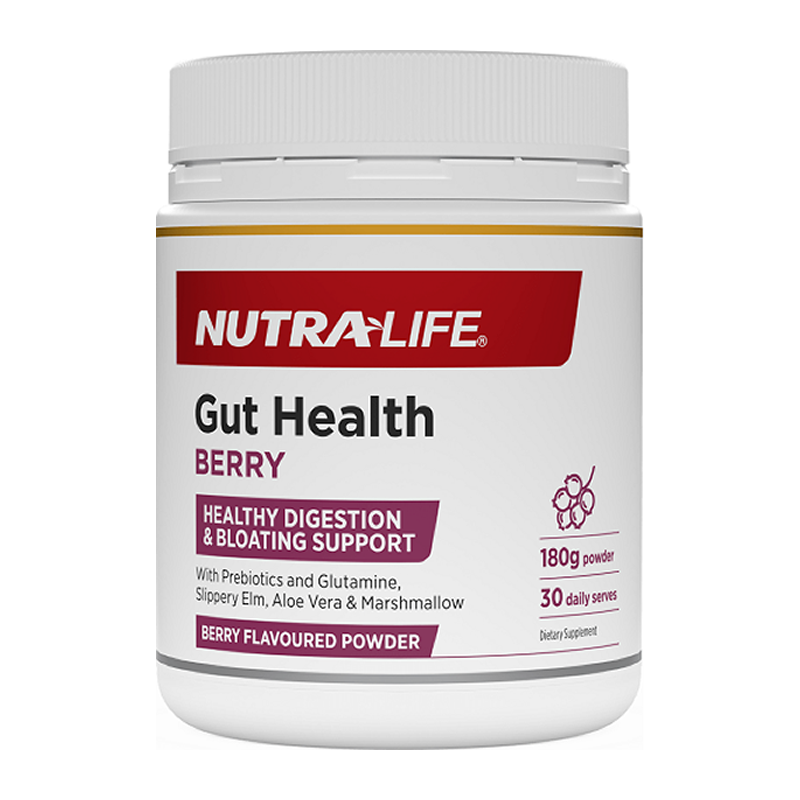 Nutra-Life Gut Health Powder Berry flavor - A vibrant blend of prebiotics, probiotics, and soothing herbs for digestive support and immune health.