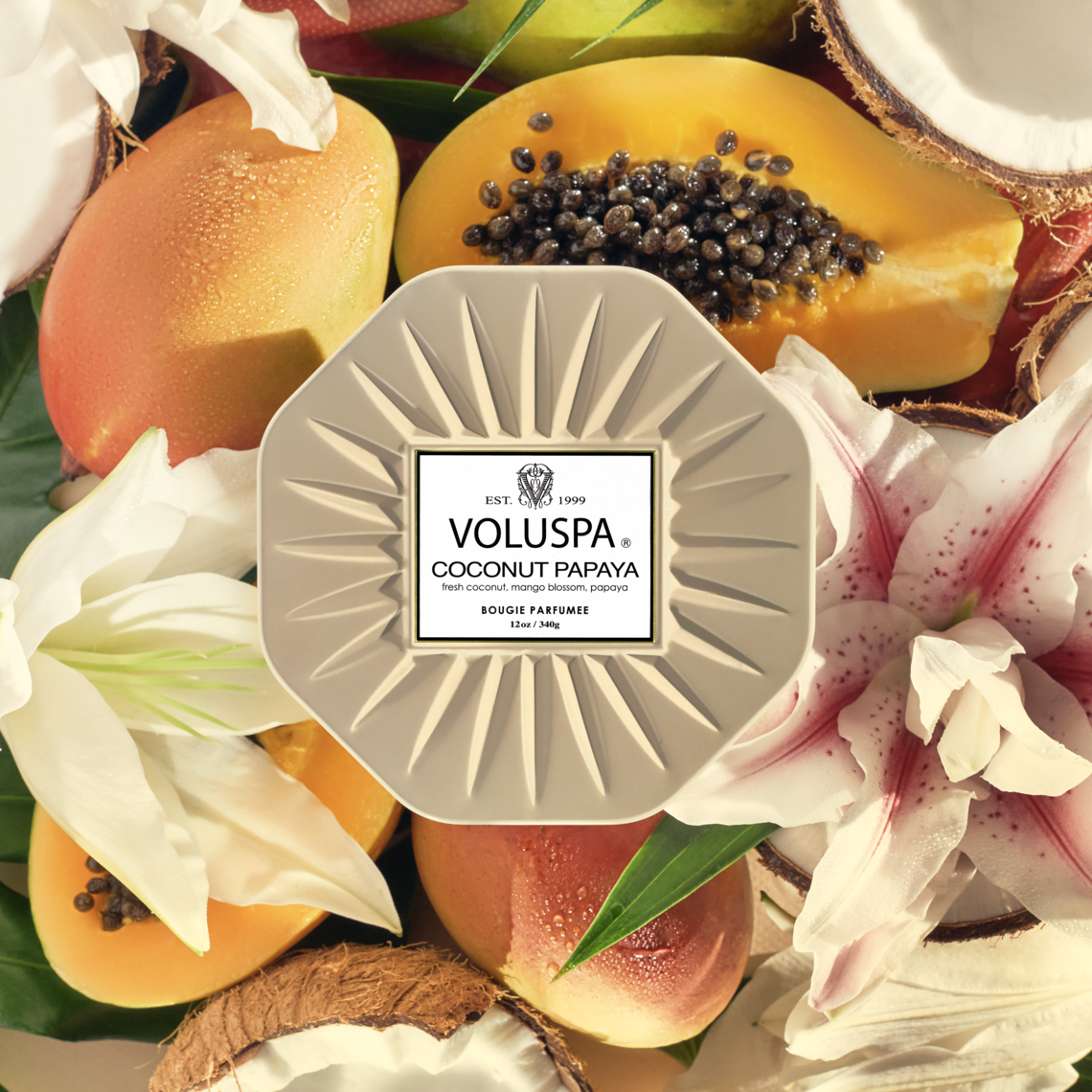 VOLUSPA Coconut Papaya 3 Wick Octagonal Tin Candle.