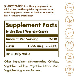 Solgar Biotin 1000 mcg 50 Vegetable Capsules.