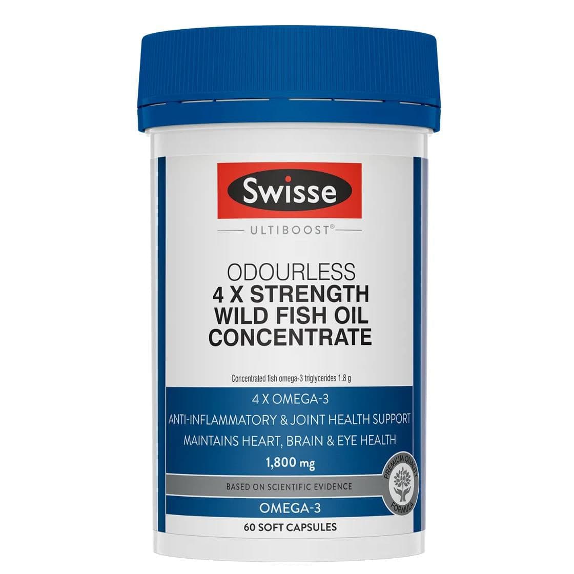 Swisse Odourless 4X Strength Wild Fish Oil Concentrate 60 Capsules.