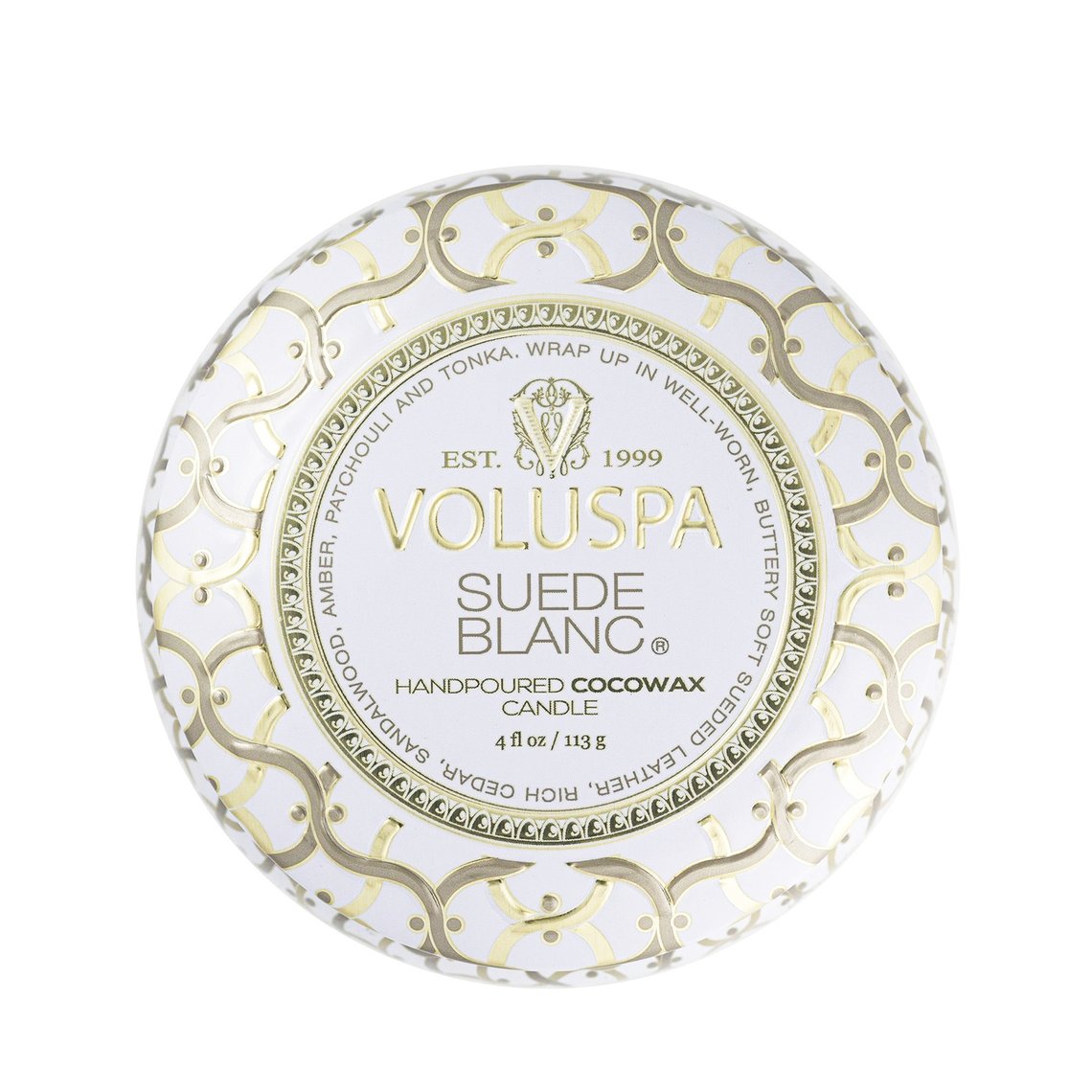 VOLUSPA Suede Blanc Decorative Tin Candle.